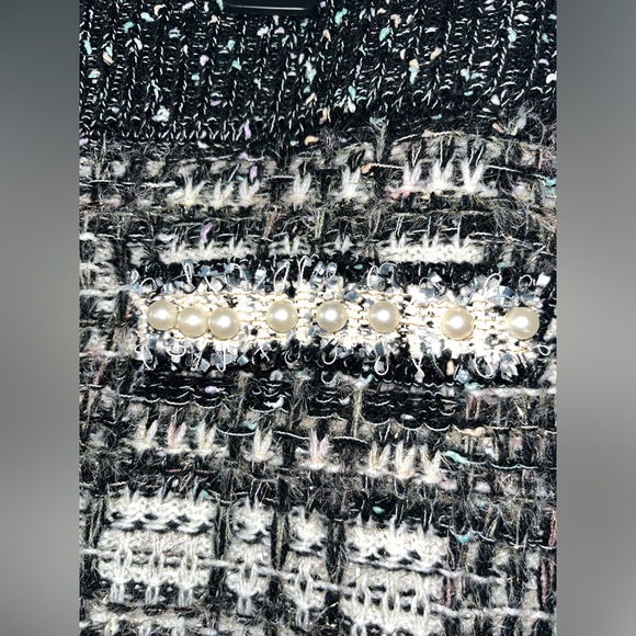 Caché Tweed Glitter Knit Pearl Embellished Faux Pocket Trimming Skirt Sz Large - Picture 10 of 11
